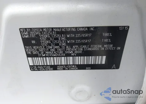 2016 Toyota Rav4 Xle из США, поврежденный, VIN 2T3WFREV5GW244248